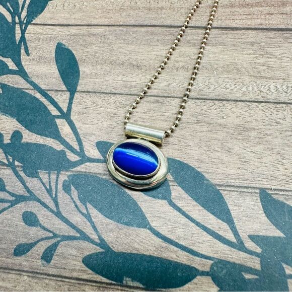 Sterling Silver Blue Cateye Necklace 24 In B3 - Picture 1 of 4